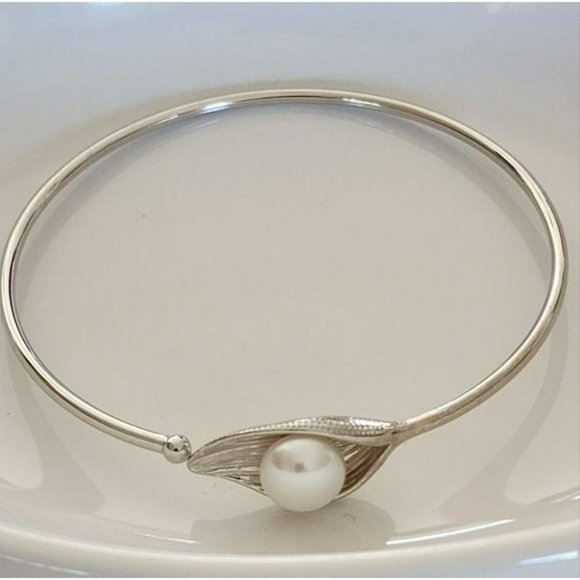925S Silver 10mm Real Cultured White Freshwater‎ Pearl Solitaire Bangle Bracelet - Picture 4 of 14